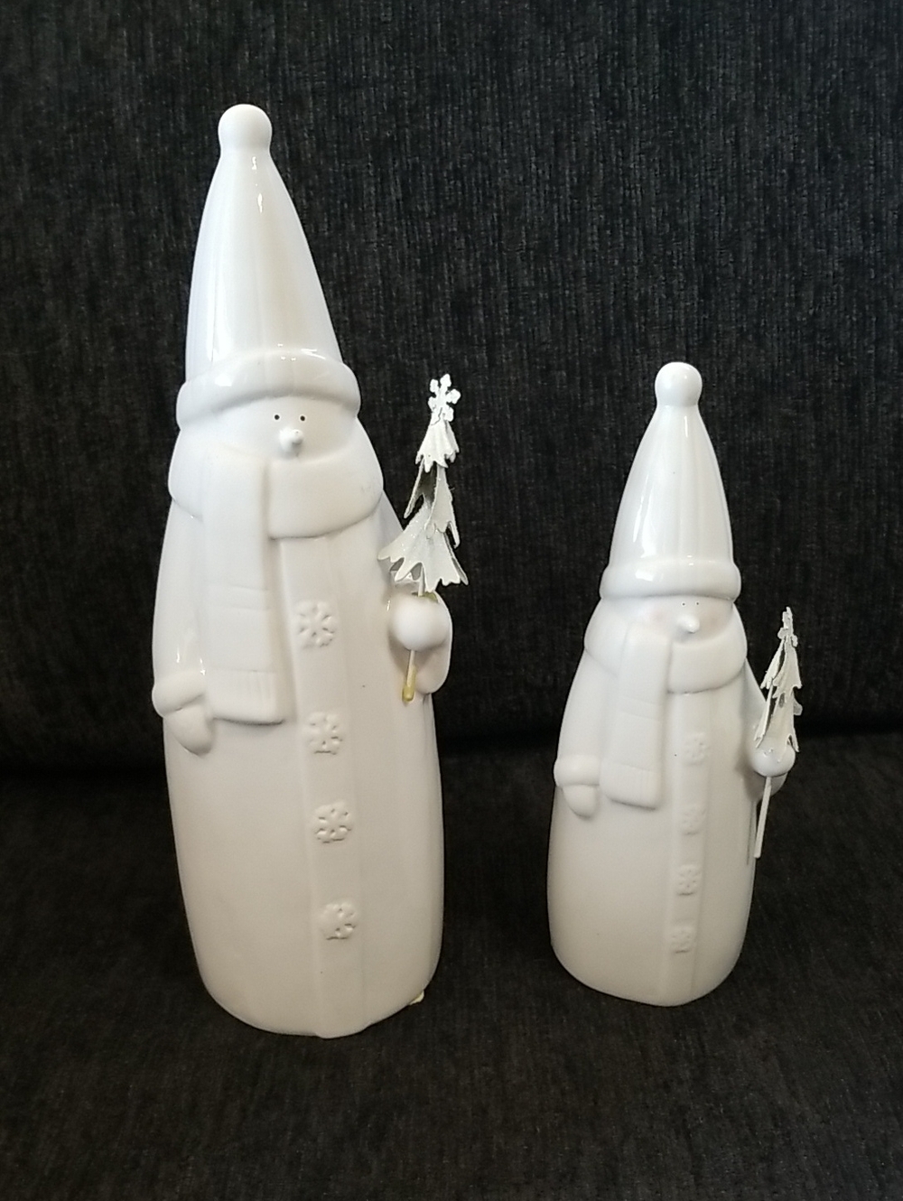 Ceramic White Snowmen Holding White Metal Christmas Trees 1 Large 1 Small
